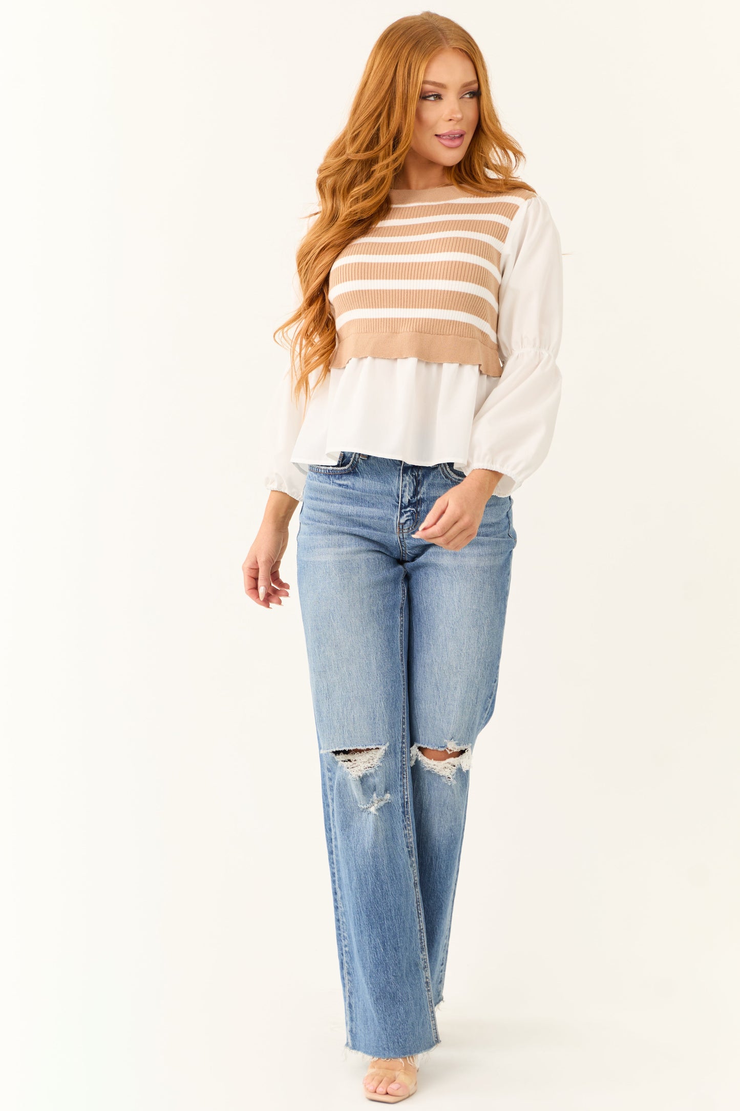 Beige Striped Sweater Vest with Long Sleeve Top