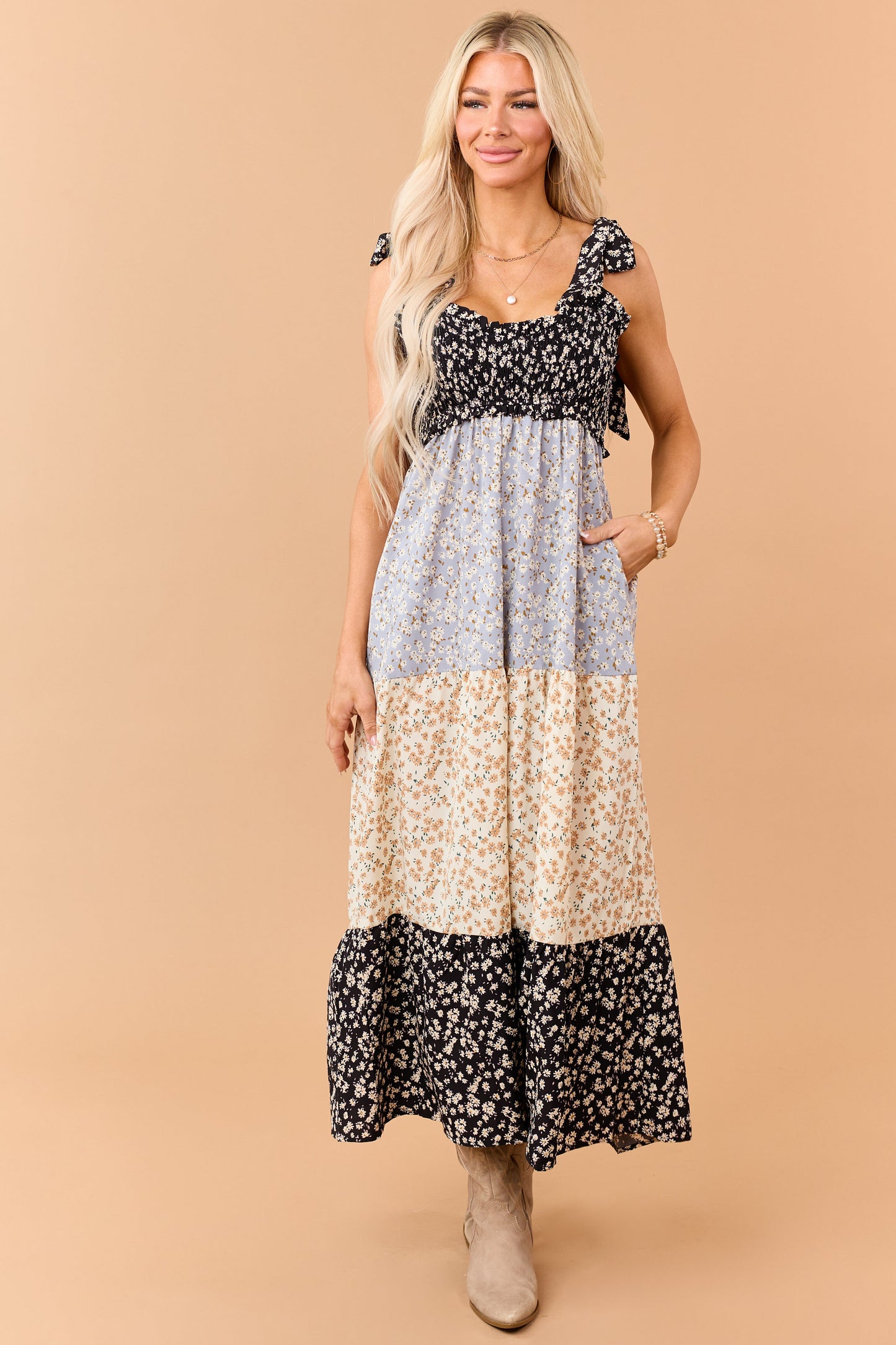 Black Colorblock Floral Smocked Bust Maxi Dress