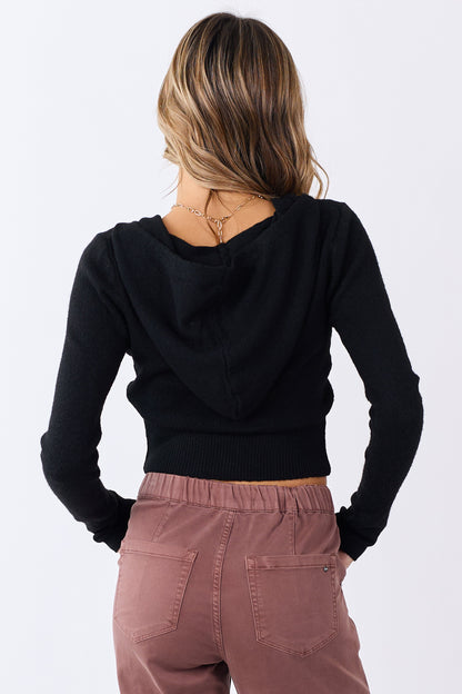 Black Zip Up Hooded Cropped Knit Jacket