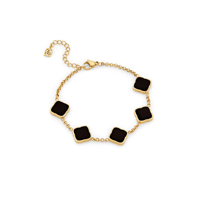 Black Enamel Multi Clover Bracelet - Gold