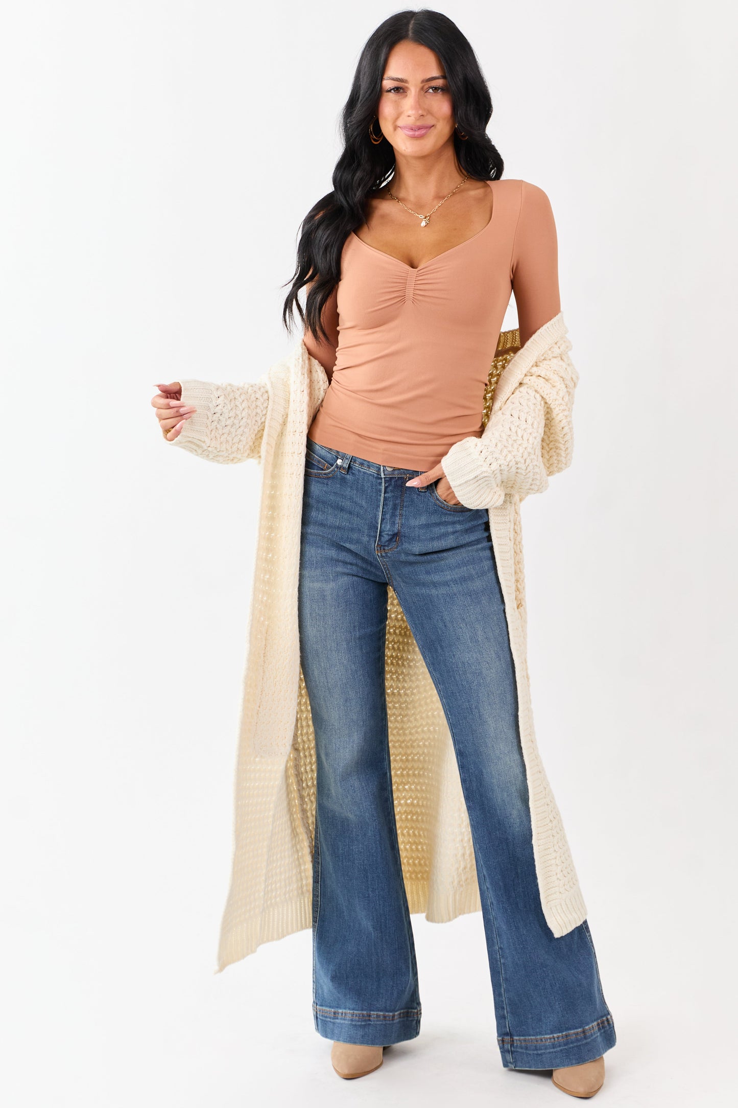 Copper Shirred Bust Fitted Long Sleeve Top