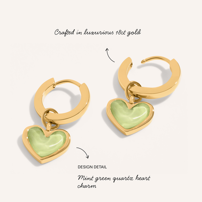 Mint Green Quartz Heart Huggie Earrings (Gold)