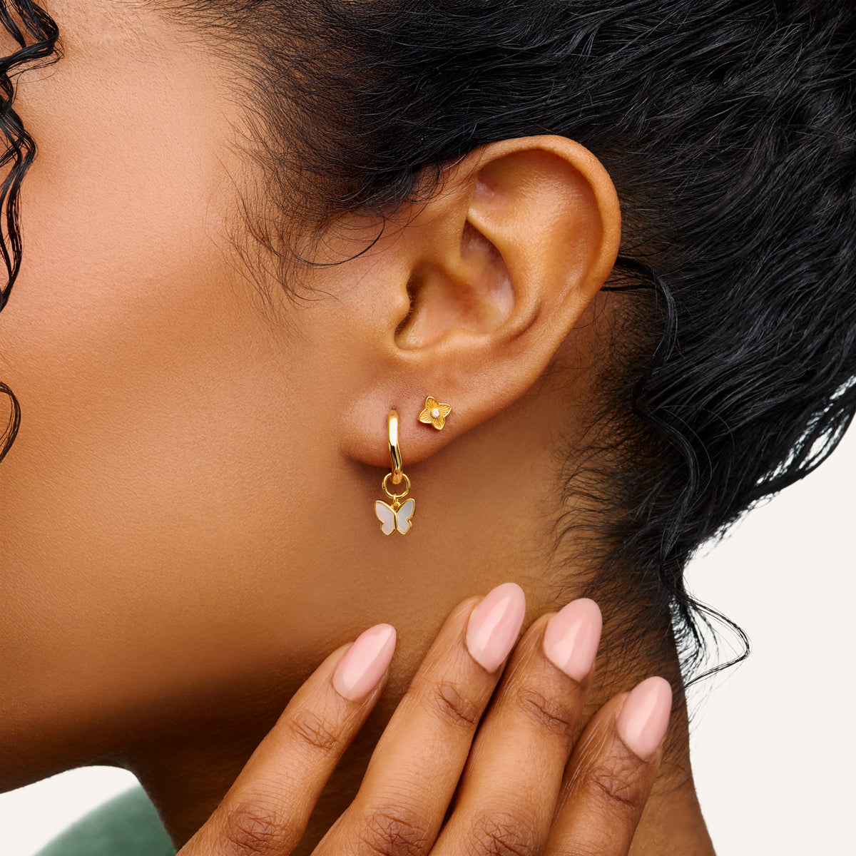Fine Molten Mother of Pearl Butterfly Huggie Earrings (Gold)