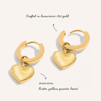 Butter Yellow Quartz Heart Huggie Earrings (Gold)