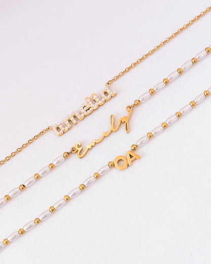 Pearl Chain Signature Name Bracelet (Gold)